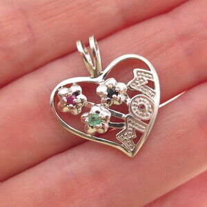Nevada 925 Sterling Silver Real Ruby Sapphire & Emerald Mom Heart Charm Pendant